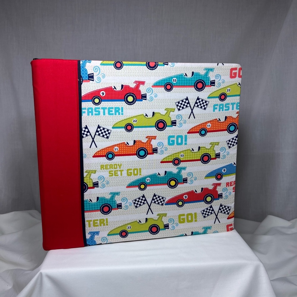 12x12 race car post bound, custom-made fabric covered, scrapbook, photo album